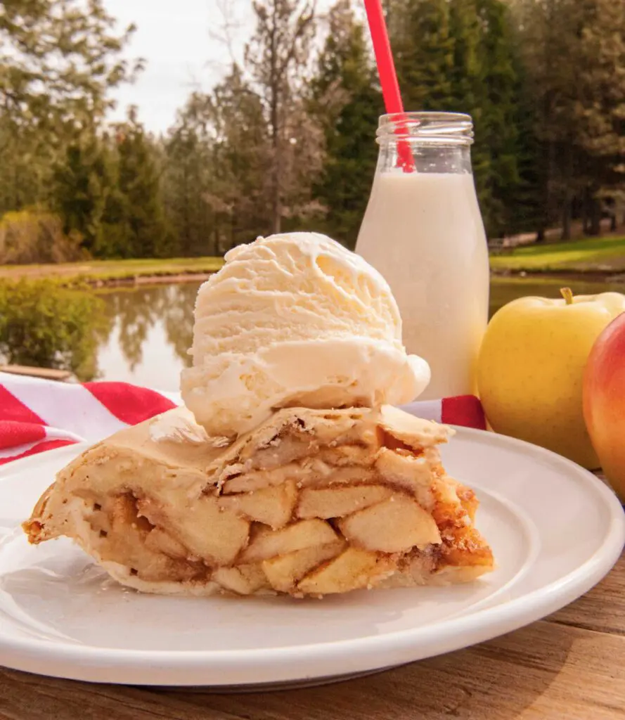 A slice of Apple Pie and glass of fresh milk at Apple Hill.
